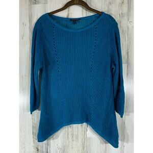 Eileen Fisher Sweater Petite Small 100% Linen Open Knit‎ Teal Blue Asymmetrical